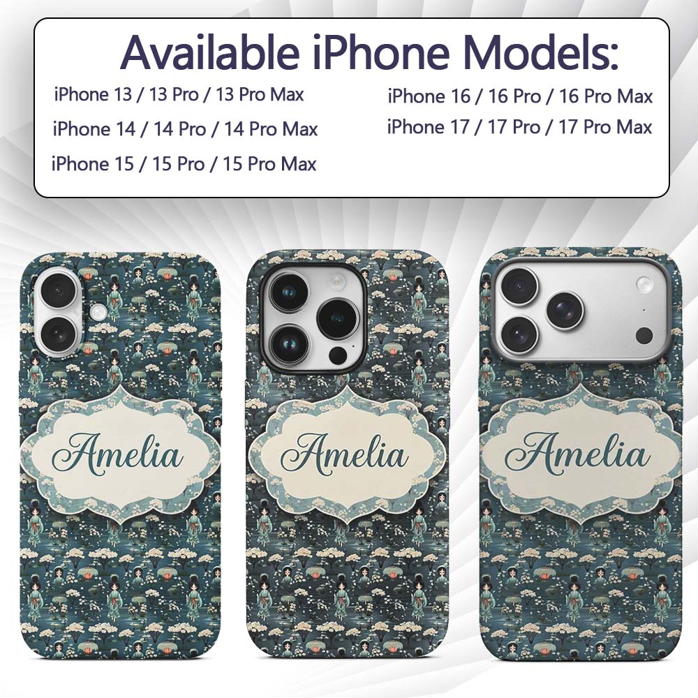 Cute Kawaii Geisha Floral Garden Lantern Seamless Custom Name Protective Phone Case Mobile Cover Durable Everyday Smartphone Shock Resistant