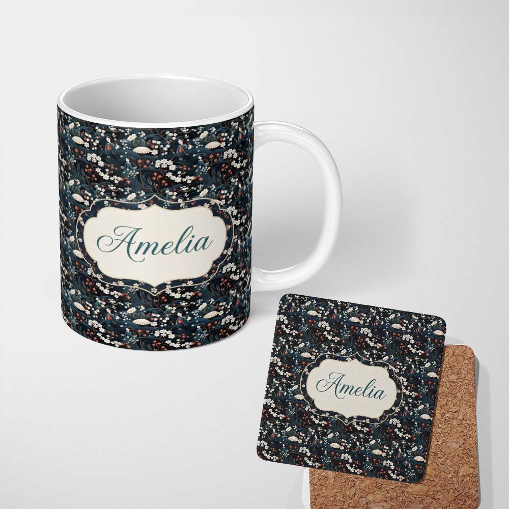 Personalized Custom Name Elegant Japanese Women Floral Night Garden Seamless Pattern Name 11oz Ceramic Coffee Tea Mug White Large Handle