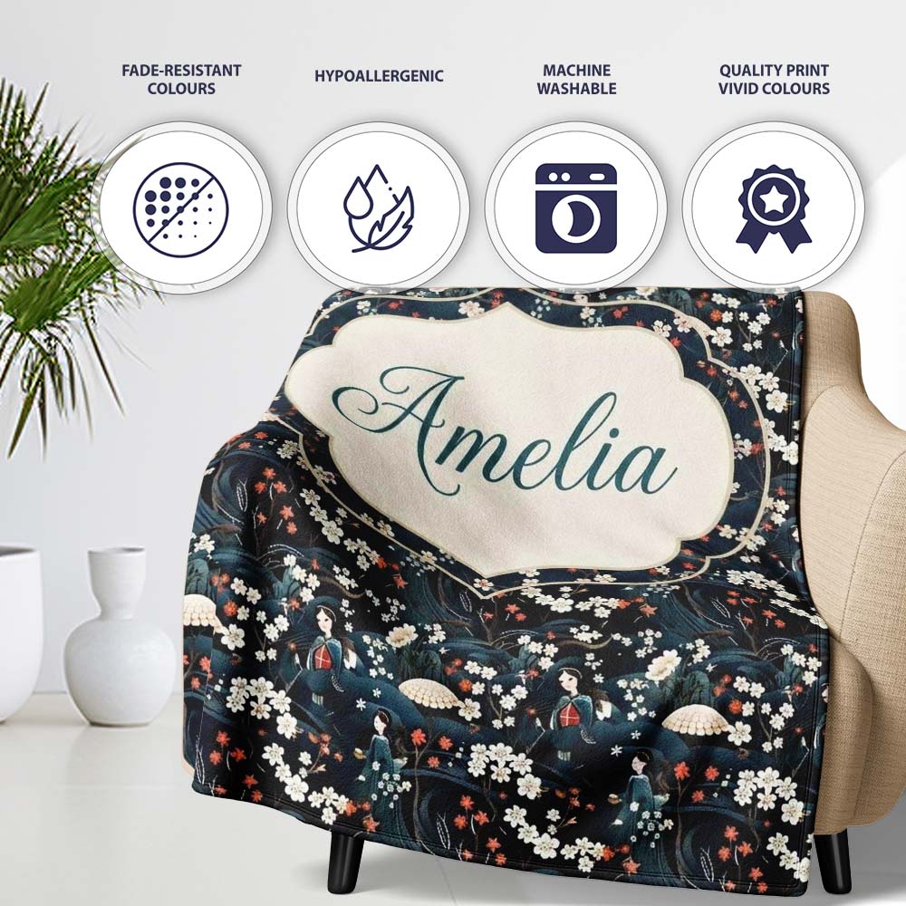 Elegant Japanese Women Floral Night Garden Seamless Pattern Name Personalised Custom Name Super Soft Fleece Blanket Bed Sofa Throw
