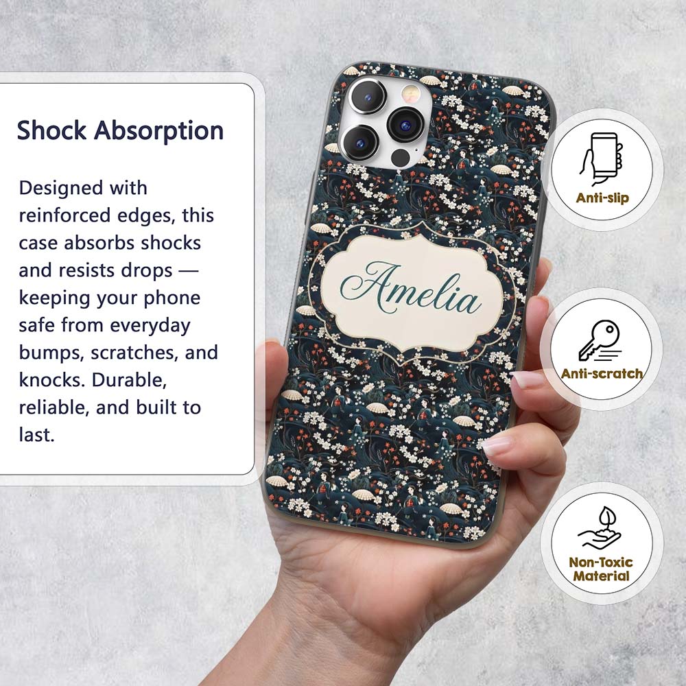 Elegant Japanese Women Floral Printed Design Custom Name Protective Phone Case Mobile Cover Durable Everyday Smartphone Shock Resistant