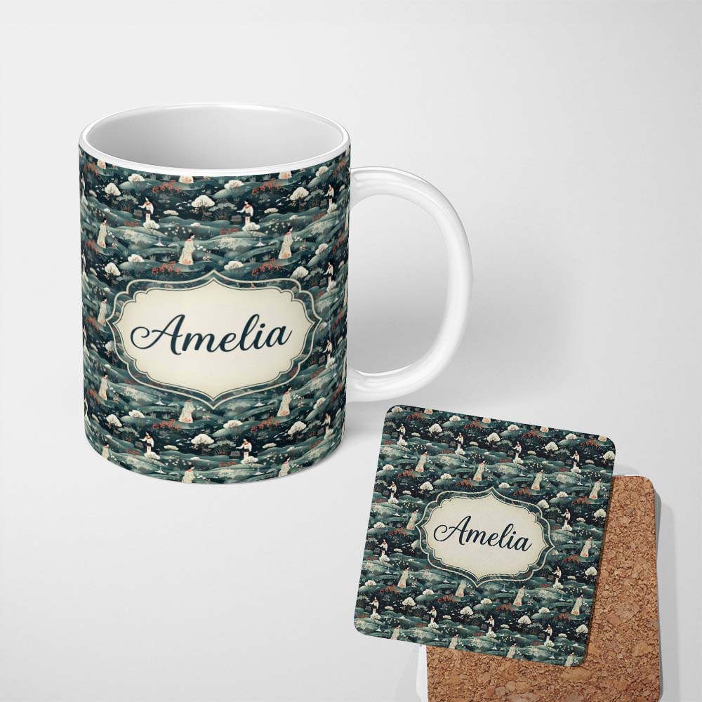 Personalized Custom Name Traditional Asian Women Scenic Floral Landscape Seamless Pattern 11oz Ceramic Coffee Tea Mug White Large Handle
