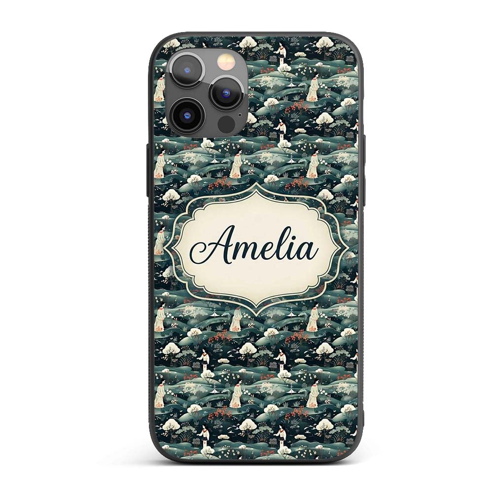 Traditional Asian Women Scenic Floral Landscape Custom Name Protective Phone Case Mobile Cover Durable Everyday Smartphone Shock Resistant