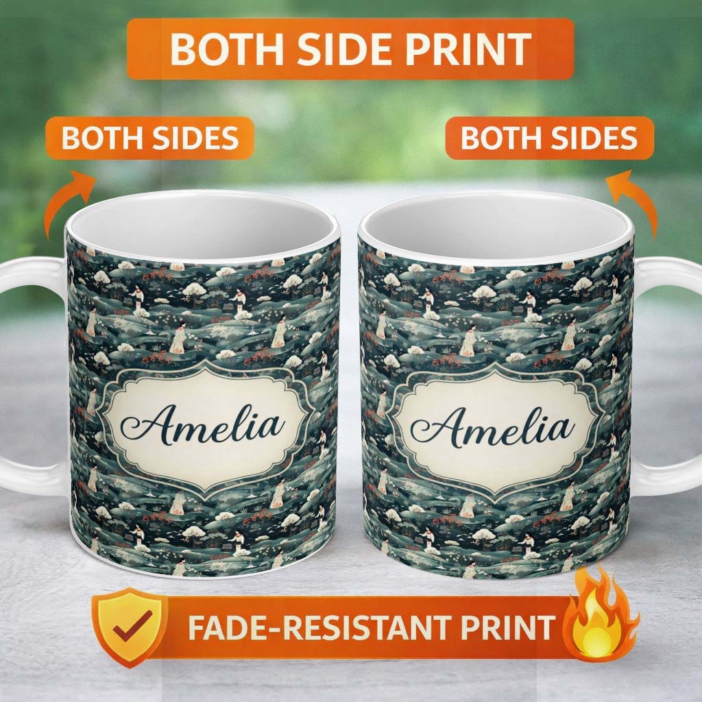 Personalized Custom Name Traditional Asian Women Scenic Floral Landscape Seamless Pattern 11oz Ceramic Coffee Tea Mug White Large Handle