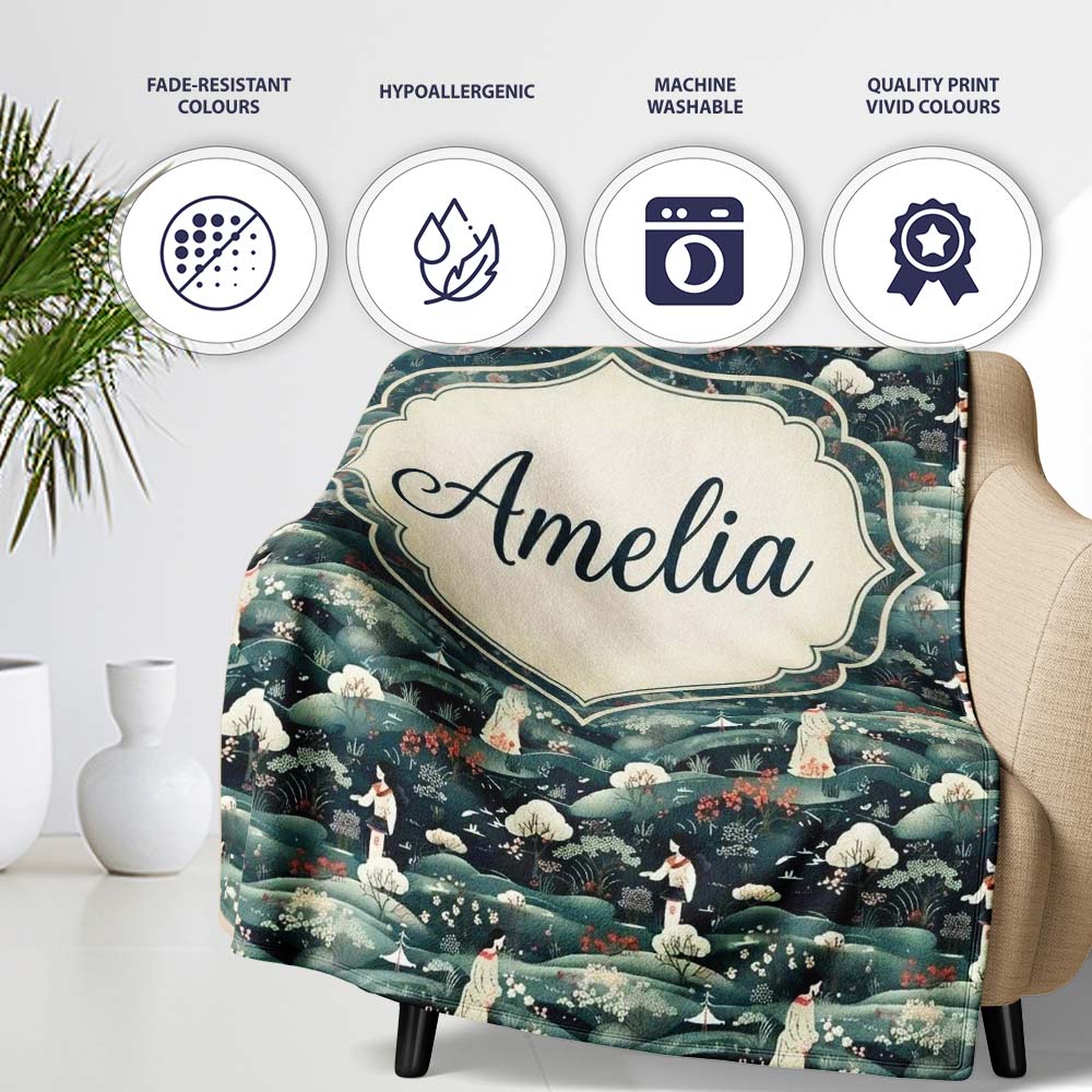 Traditional Asian Women Scenic Floral Landscape Seamless Pattern Personalised Custom Name Super Soft Fleece Blanket Bed Sofa Throw