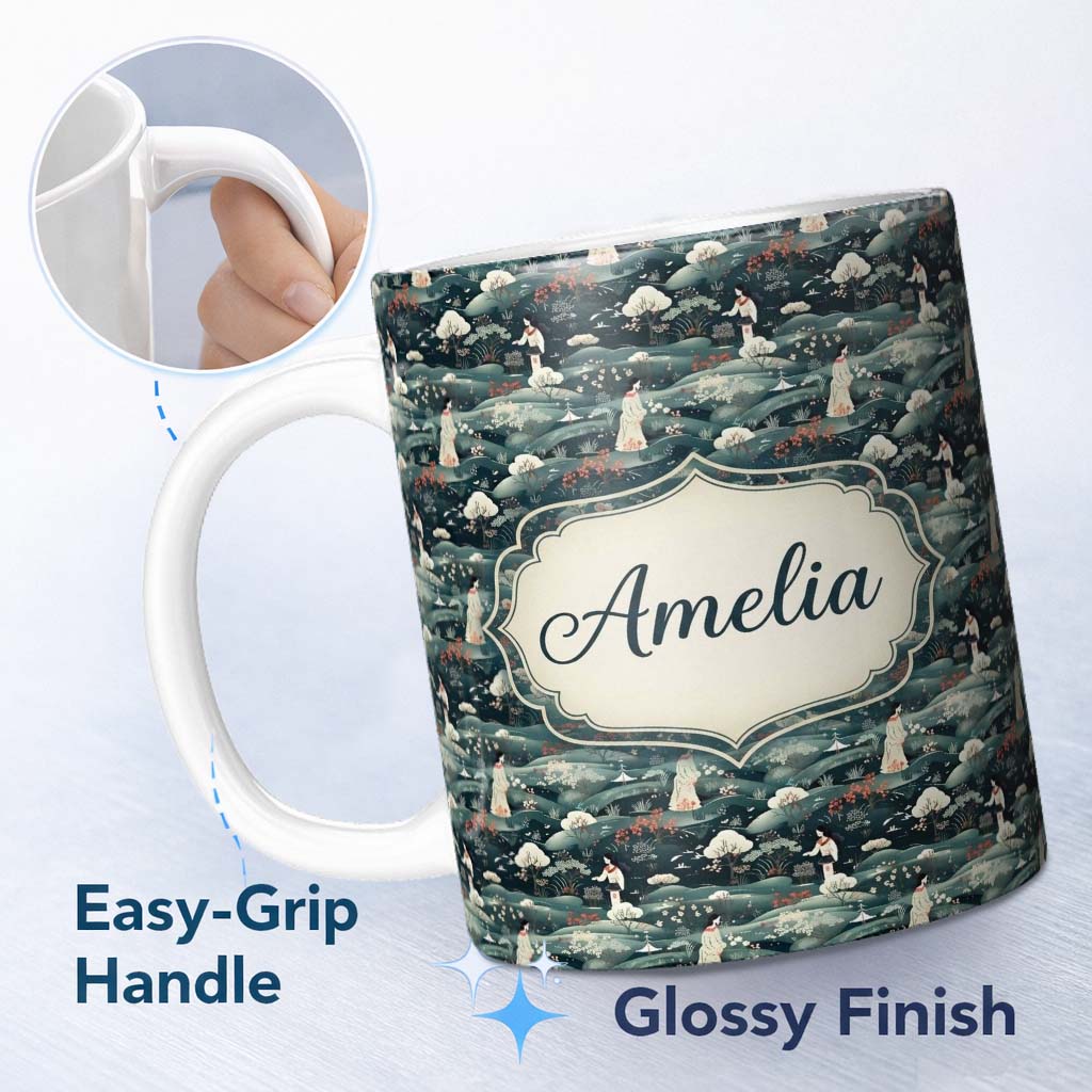 Personalized Custom Name Traditional Asian Women Scenic Floral Landscape Seamless Pattern 11oz Ceramic Coffee Tea Mug White Large Handle