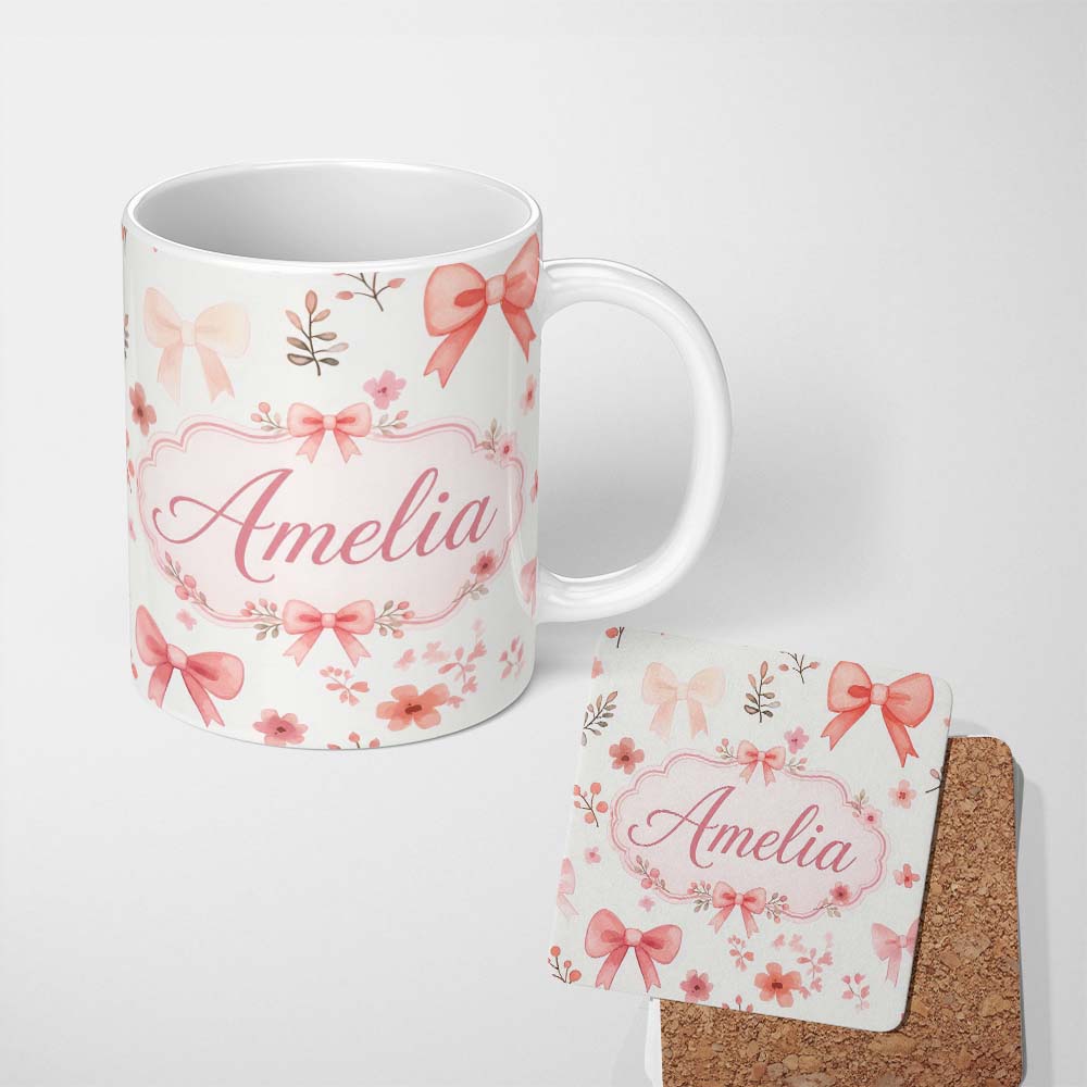Personalized Custom Name Watercolor Pink Bow Ribbon Cute Floral Seamless Pattern Name Unique 11oz Ceramic Coffee Tea Mug White Large Handle