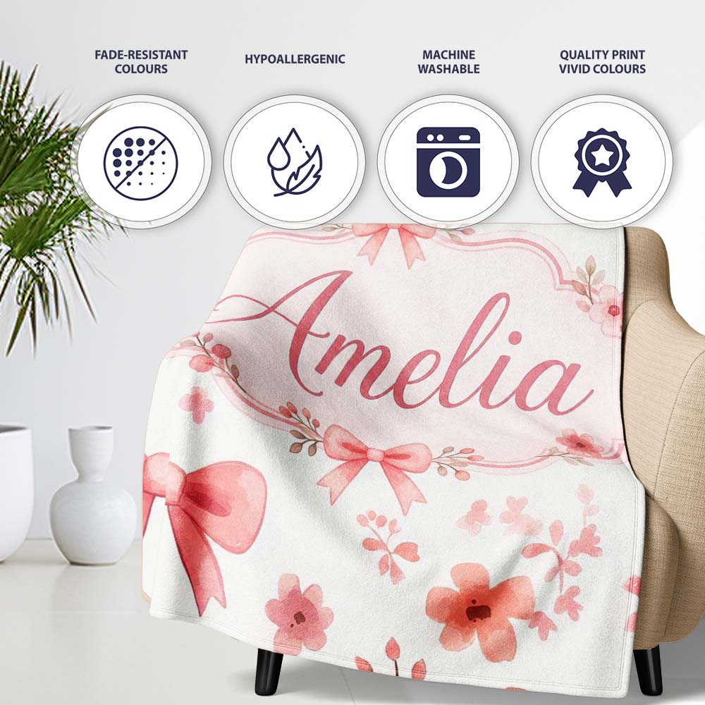Watercolor Pink Bow Ribbon Cute Floral Seamless Pattern Name Unique Personalised Custom Name Super Soft Fleece Blanket Bed Sofa Throw