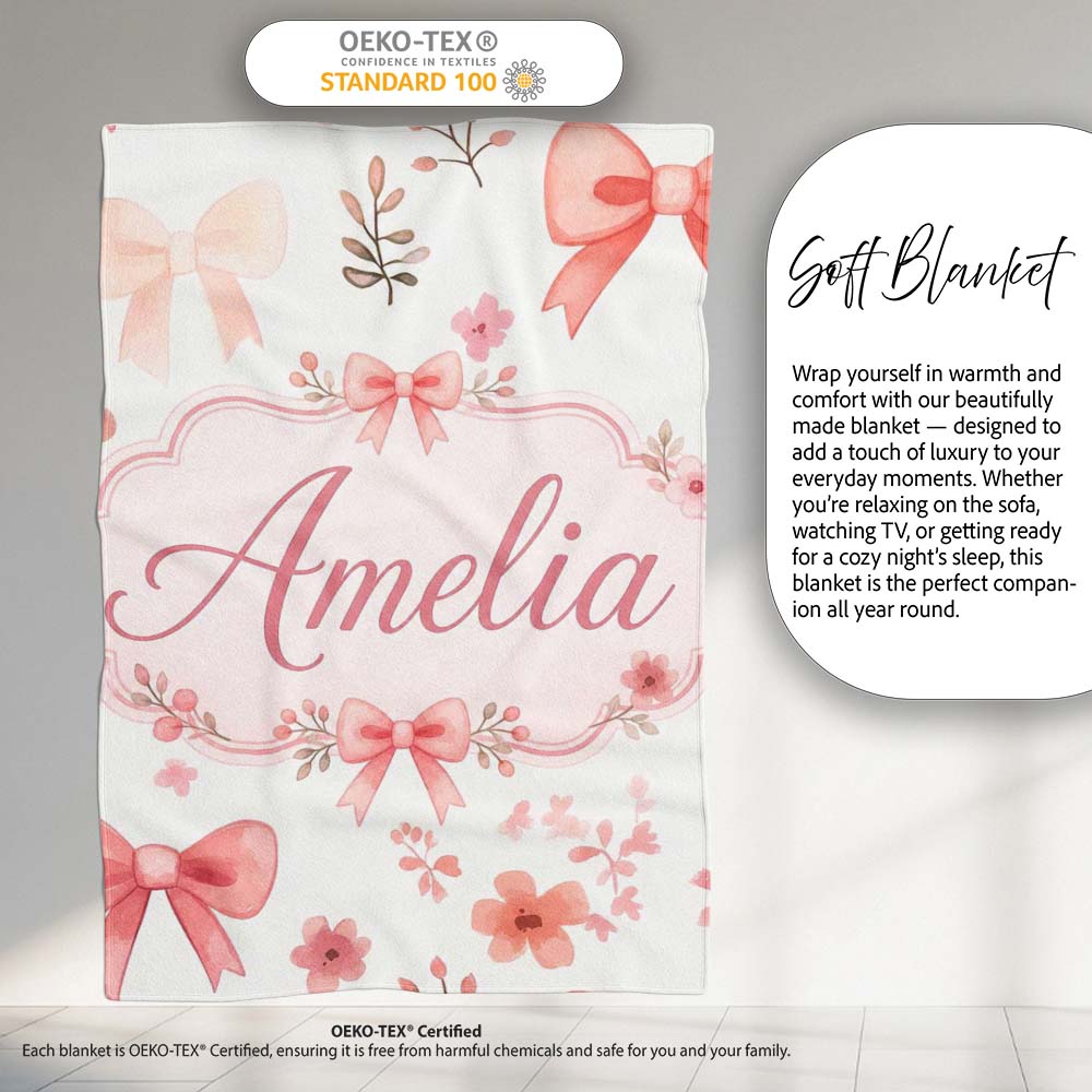 Watercolor Pink Bow Ribbon Cute Floral Seamless Pattern Name Unique Personalised Custom Name Super Soft Fleece Blanket Bed Sofa Throw
