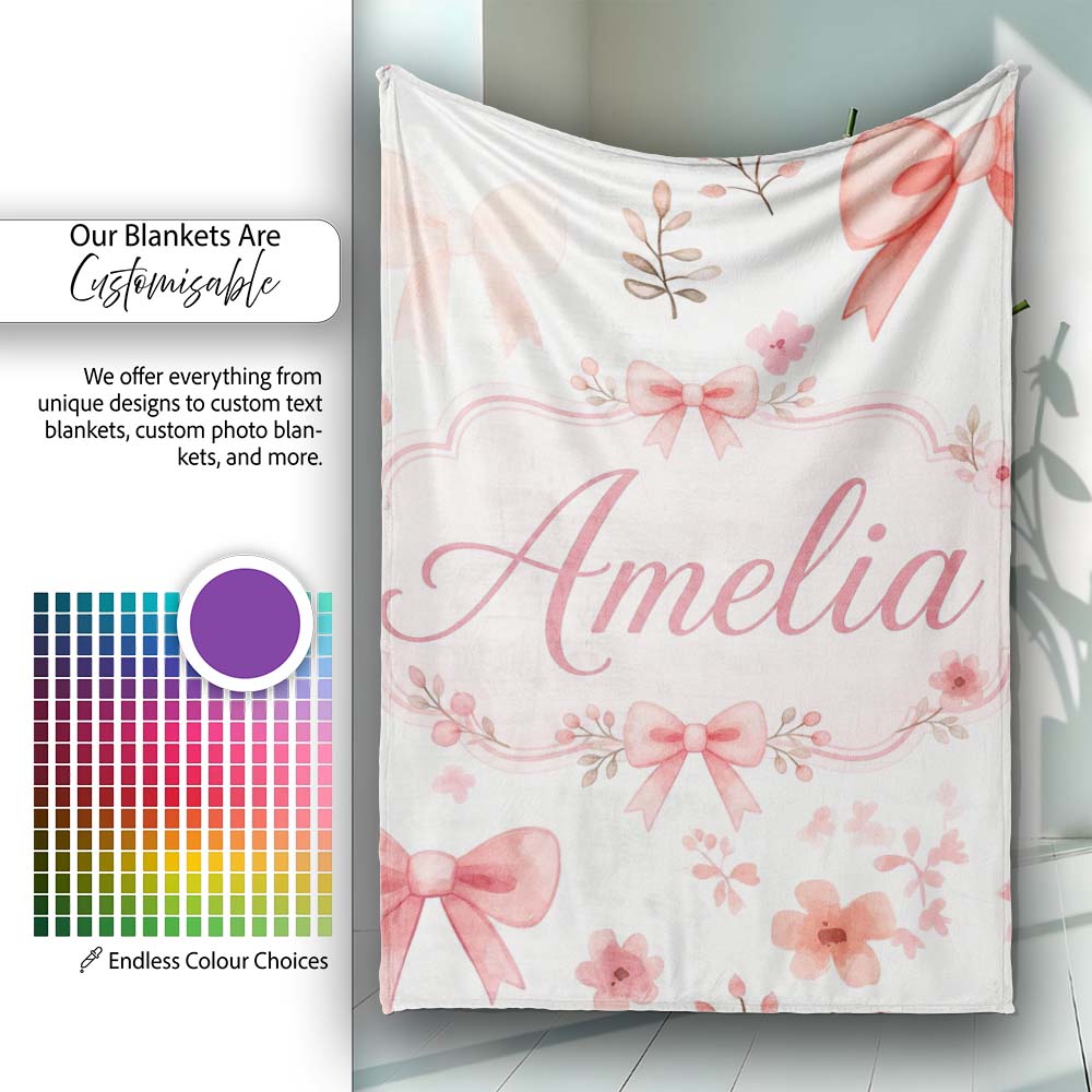 Watercolor Pink Bow Ribbon Cute Floral Seamless Pattern Name Unique Personalised Custom Name Super Soft Fleece Blanket Bed Sofa Throw