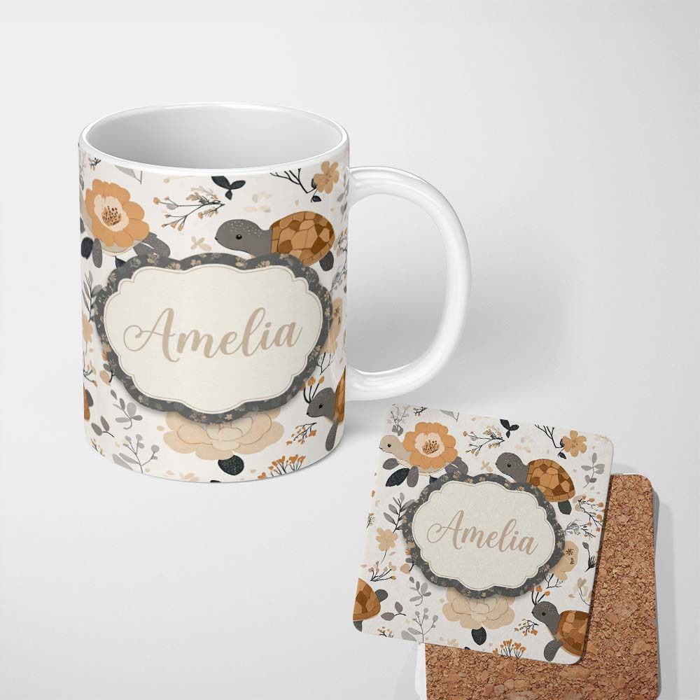 Personalized Custom Name Cute Turtle Floral Neutral Boho Seamless Pattern Name Unique Gift 11oz Ceramic Coffee Tea Mug White Large Handle