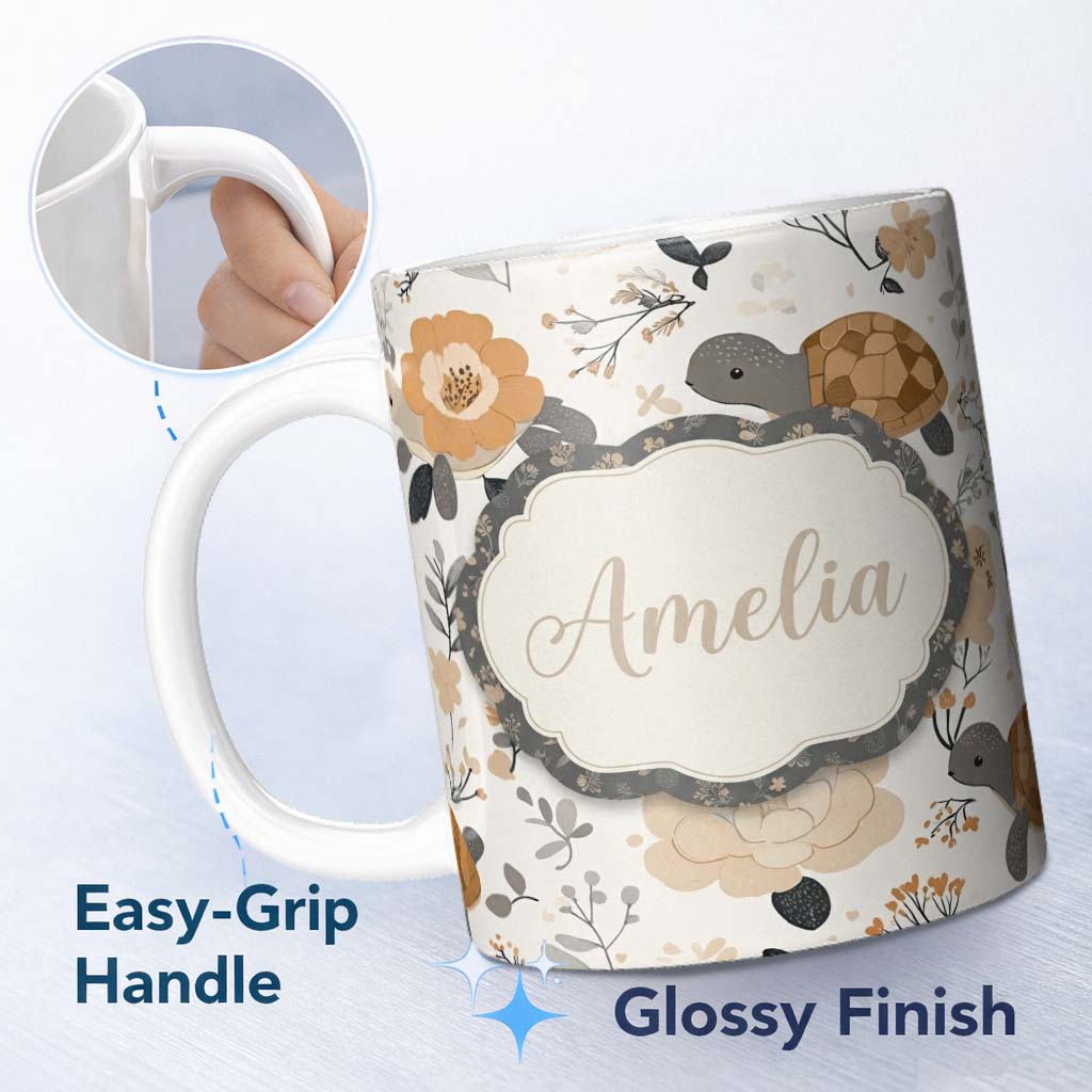 Personalized Custom Name Cute Turtle Floral Neutral Boho Seamless Pattern Name Unique Gift 11oz Ceramic Coffee Tea Mug White Large Handle