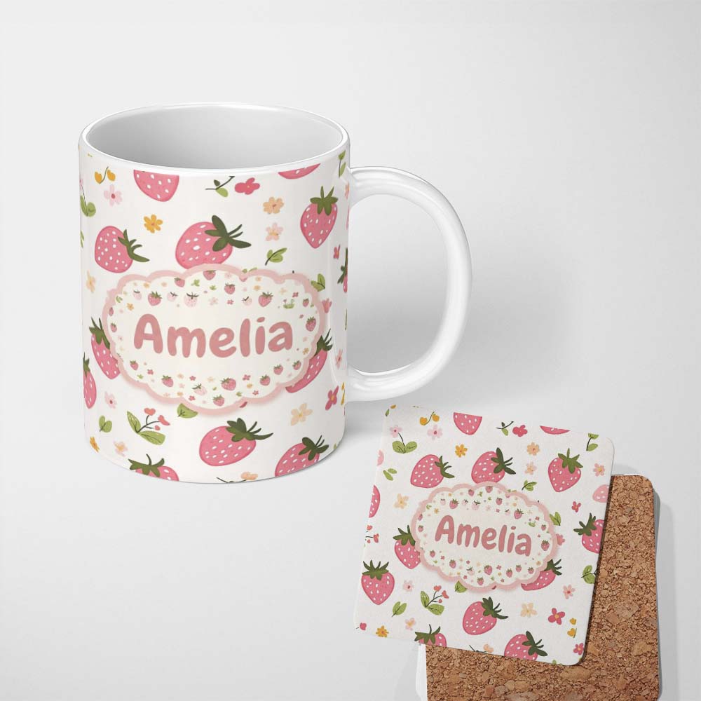 Personalized Custom Name Sweet Strawberry Floral Cute Seamless Pattern Name Unique Gift 11oz Ceramic Coffee Tea Mug White Large Handle