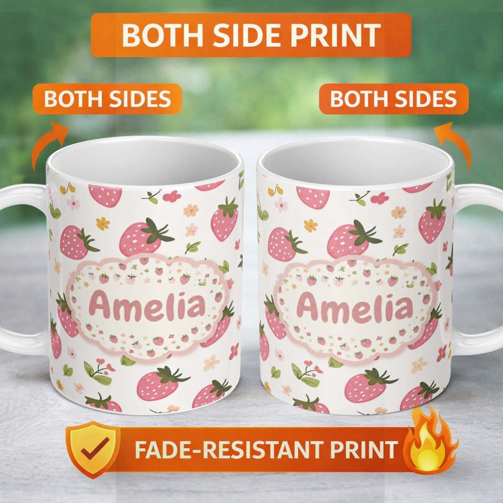 Personalized Custom Name Sweet Strawberry Floral Cute Seamless Pattern Name Unique Gift 11oz Ceramic Coffee Tea Mug White Large Handle