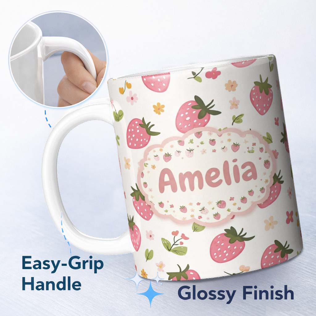 Personalized Custom Name Sweet Strawberry Floral Cute Seamless Pattern Name Unique Gift 11oz Ceramic Coffee Tea Mug White Large Handle