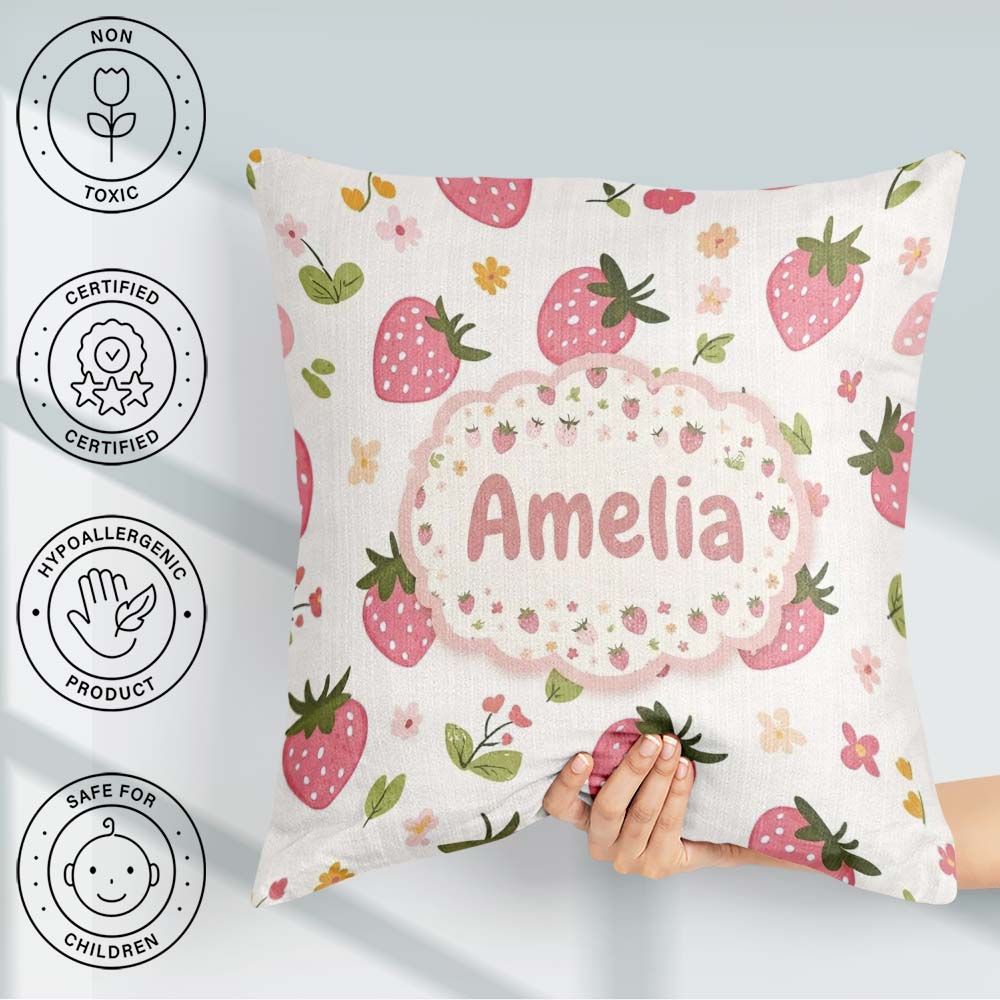 Custom Name Sweet Strawberry Floral Cute Seamless Pattern Name Square Filled Cushion Throw Pillow Sofa Bed Home Decor Zip Washable UK Made