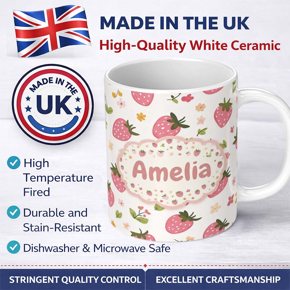 Personalized Custom Name Sweet Strawberry Floral Cute Seamless Pattern Name Unique Gift 11oz Ceramic Coffee Tea Mug White Large Handle