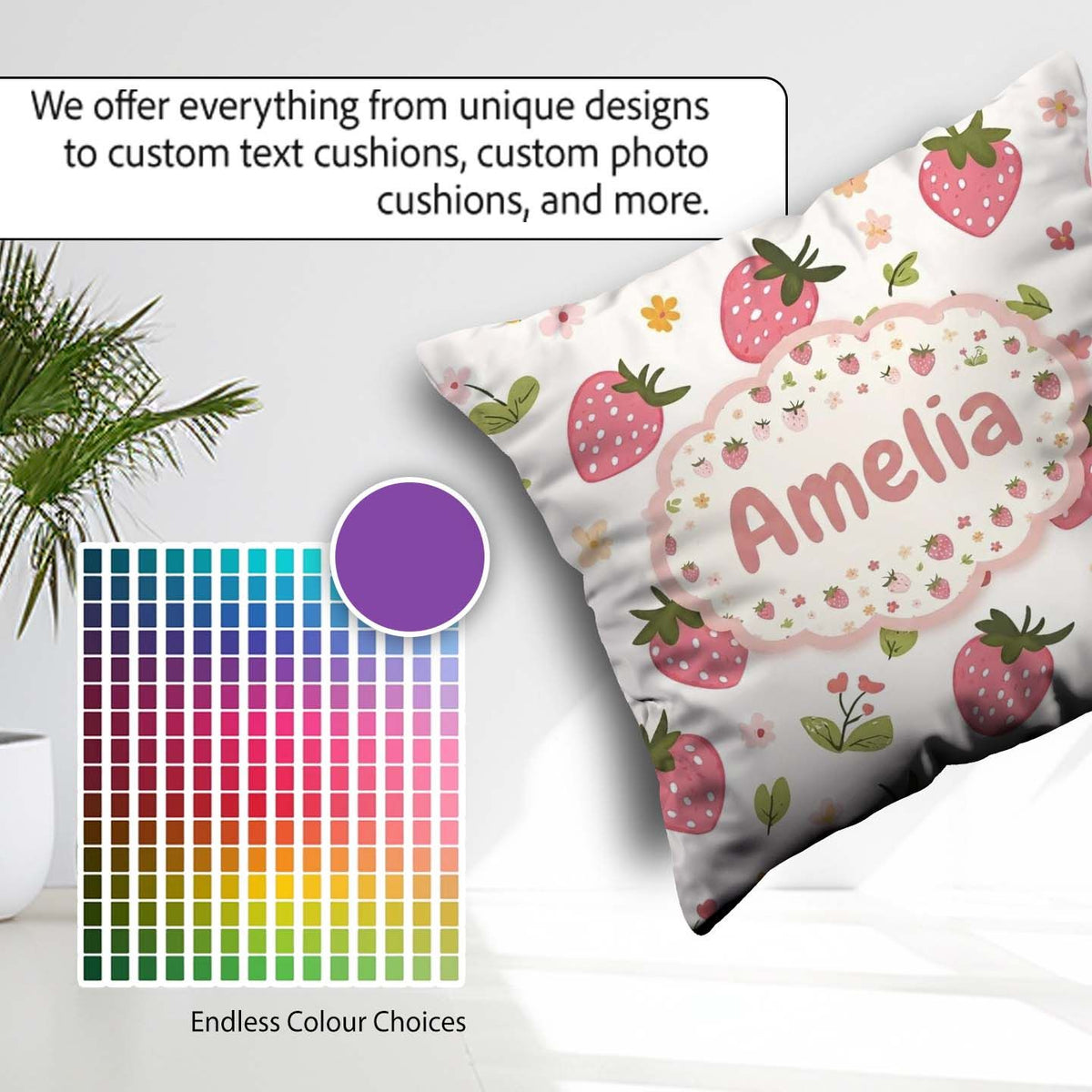 Custom Name Sweet Strawberry Floral Cute Seamless Pattern Name Square Filled Cushion Throw Pillow Sofa Bed Home Decor Zip Washable UK Made