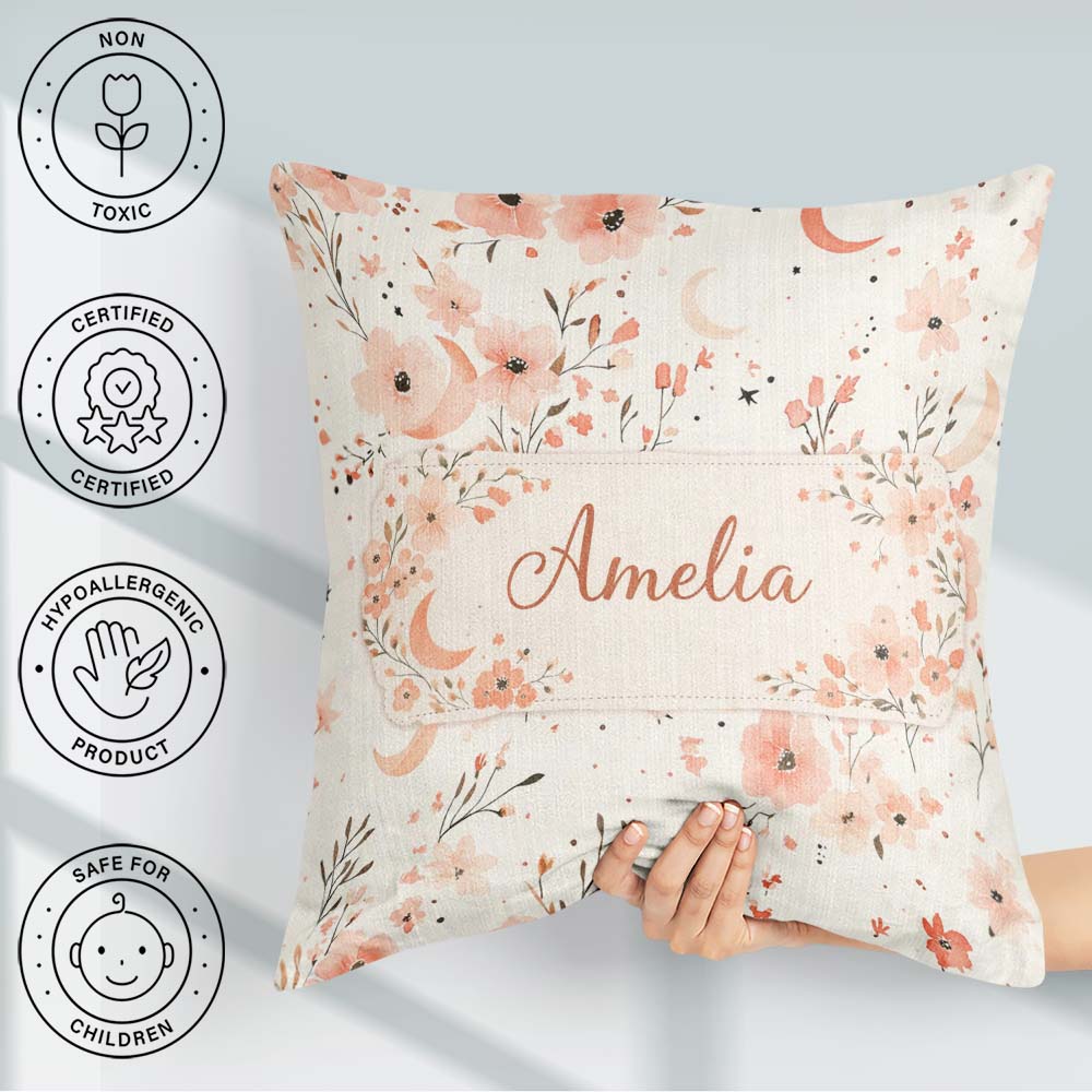 Custom Name Peach Floral Moon Seamless Pattern Stylish Everyday Square Filled Cushion Throw Pillow Sofa Bed Home Decor Zip Washable UK Made