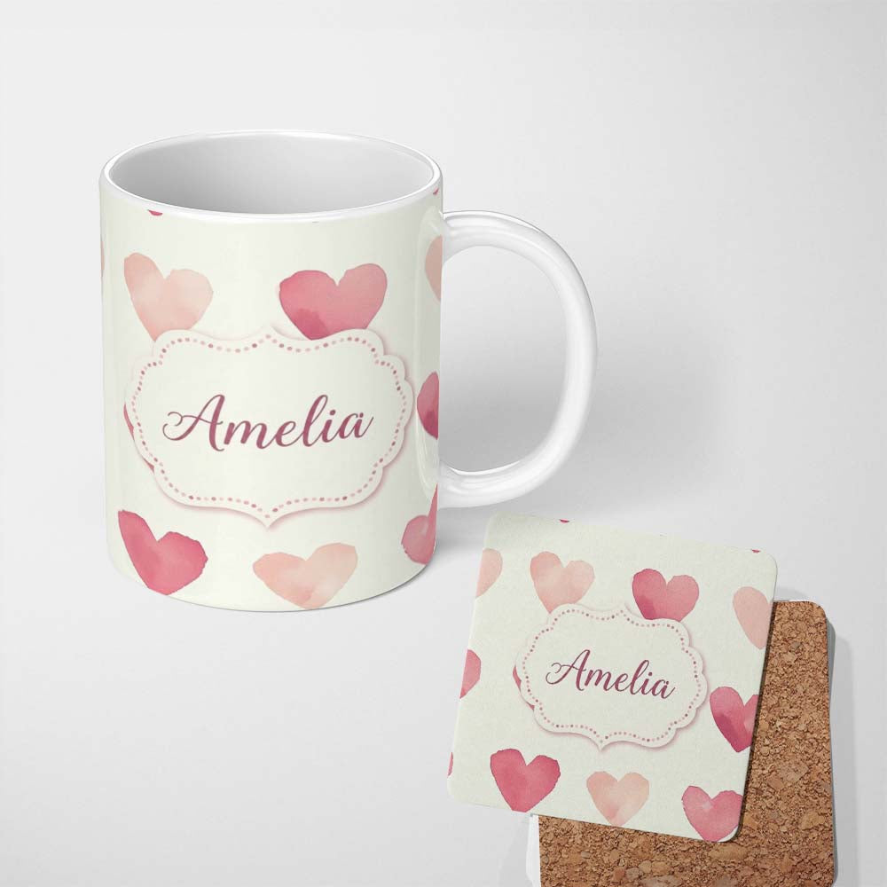 Personalized Custom Name Soft Watercolor Pink Hearts Minimal Seamless Pattern Name Cute 11oz Ceramic Coffee Tea Mug White Large Handle