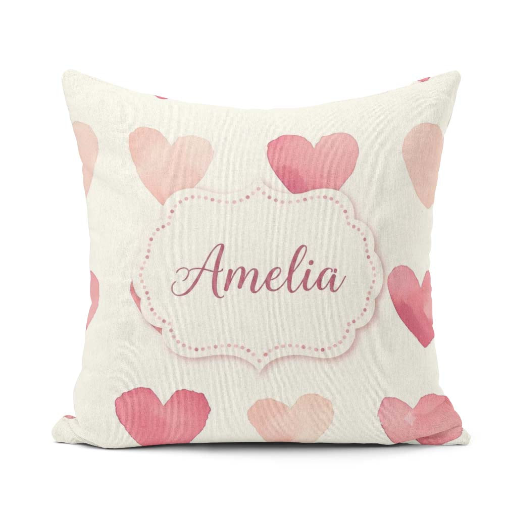 Custom Name Soft Pink Hearts Minimal Seamless Pattern Name Cute Square Filled Cushion Throw Pillow Sofa Bed Home Decor Zip Washable UK Made