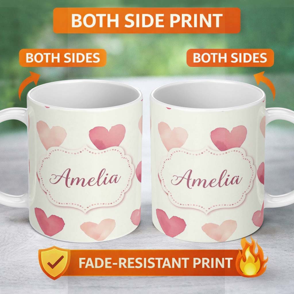 Personalized Custom Name Soft Watercolor Pink Hearts Minimal Seamless Pattern Name Cute 11oz Ceramic Coffee Tea Mug White Large Handle