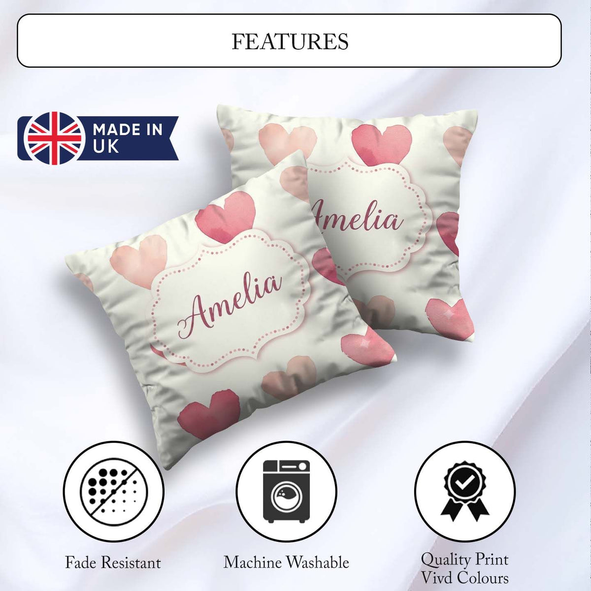 Custom Name Soft Pink Hearts Minimal Seamless Pattern Name Cute Square Filled Cushion Throw Pillow Sofa Bed Home Decor Zip Washable UK Made