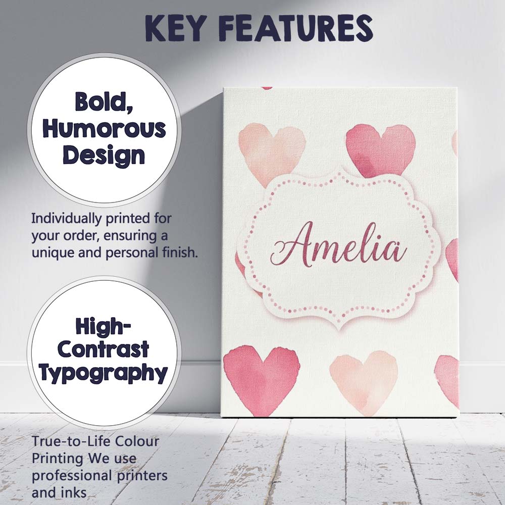 Personalised Name Soft Watercolor Pink Custom Modern Room Accent Elegant Feature Canvas Wall Art Print Decor Picture Ready to Hang