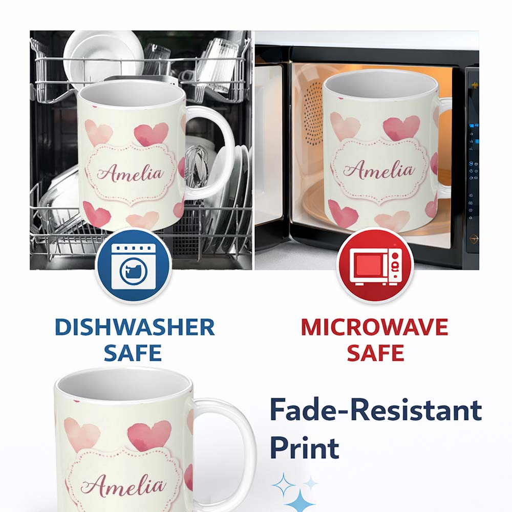 Personalized Custom Name Soft Watercolor Pink Hearts Minimal Seamless Pattern Name Cute 11oz Ceramic Coffee Tea Mug White Large Handle