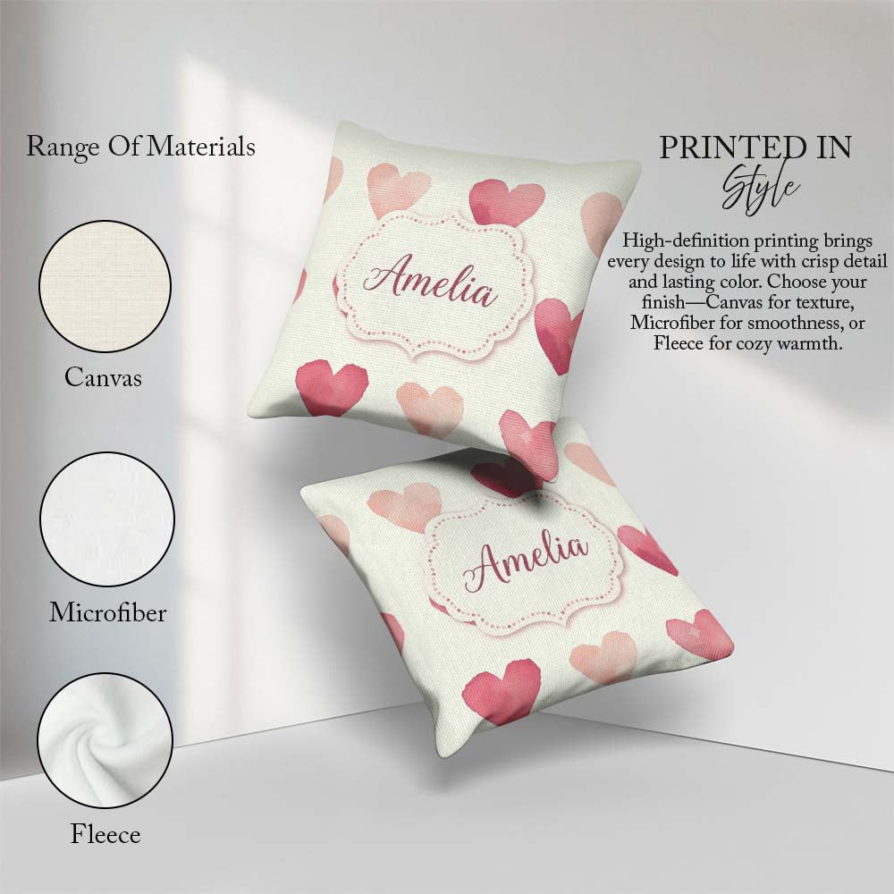 Custom Name Soft Pink Hearts Minimal Seamless Pattern Name Cute Square Filled Cushion Throw Pillow Sofa Bed Home Decor Zip Washable UK Made