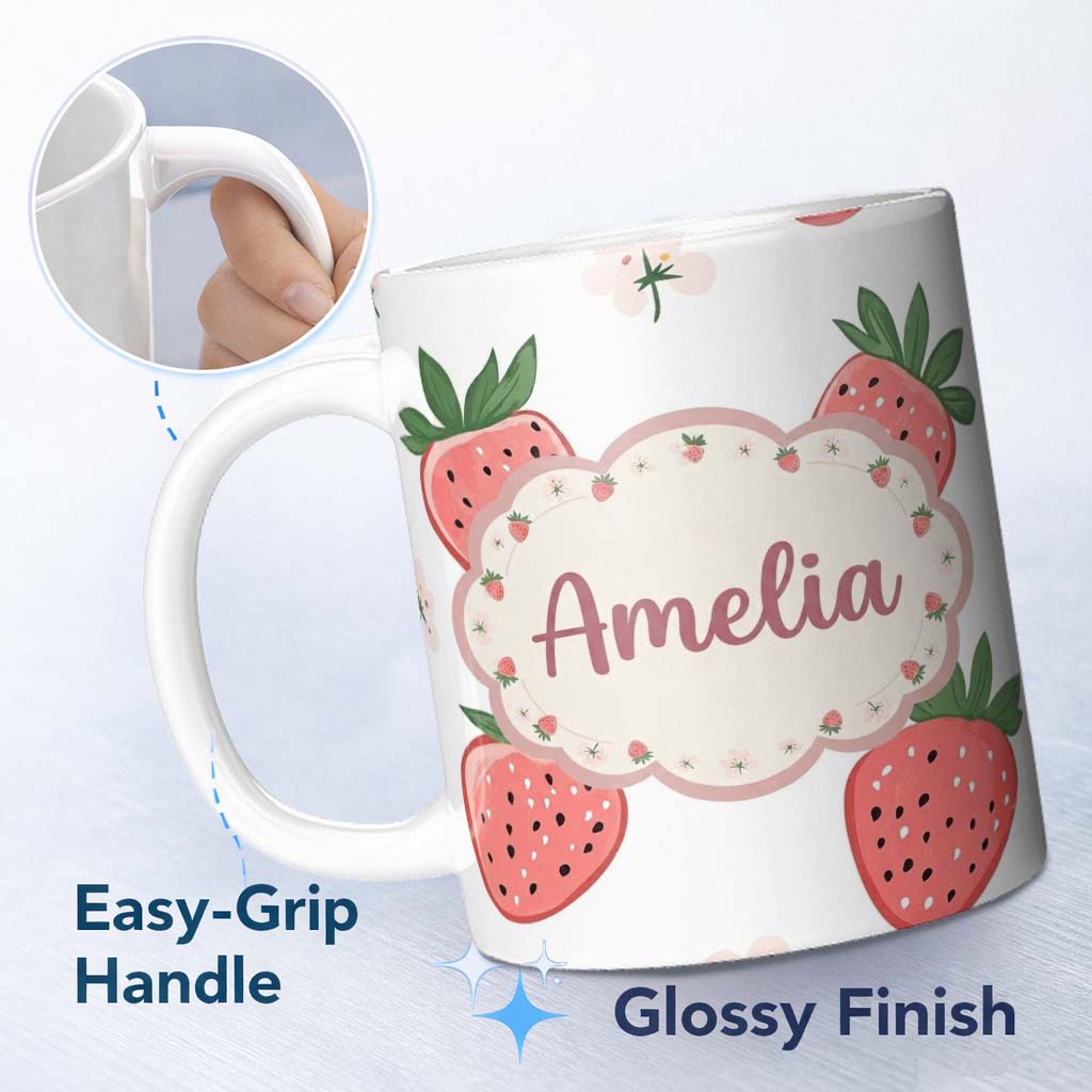 Personalized Custom Name Cute Strawberry Floral Pastel Seamless Pattern Name Unique Gift 11oz Ceramic Coffee Tea Mug White Large Handle