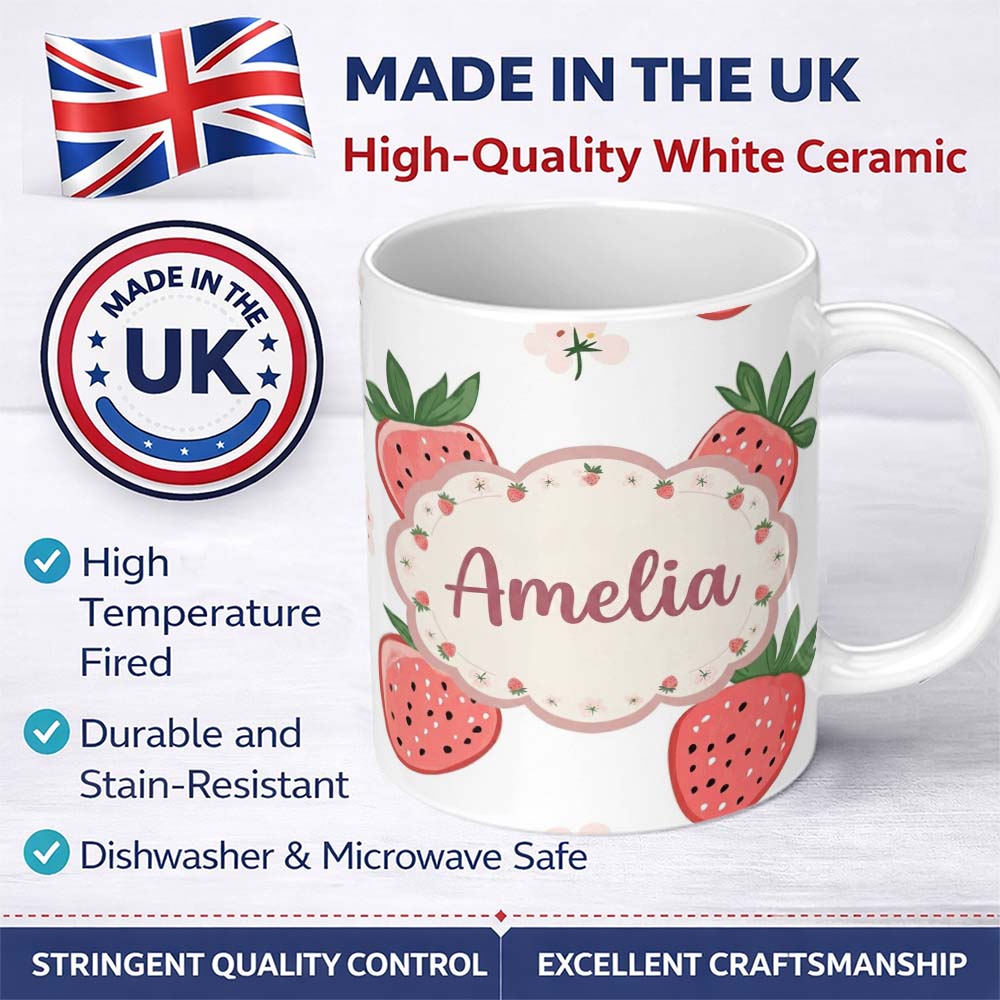 Personalized Custom Name Cute Strawberry Floral Pastel Seamless Pattern Name Unique Gift 11oz Ceramic Coffee Tea Mug White Large Handle