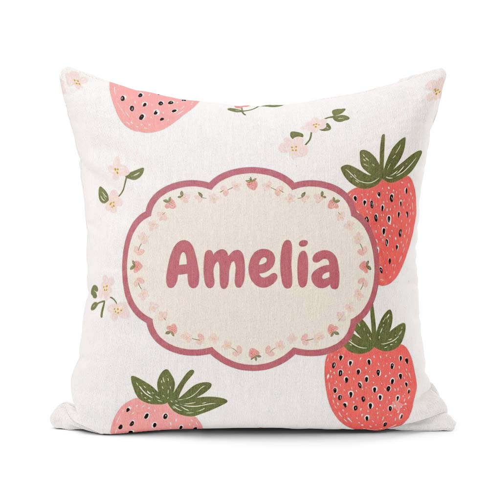 Custom Name Strawberry Blossom Soft Pastel Seamless Pattern Name Square Filled Cushion Throw Pillow Sofa Bed Home Decor Zip Washable UK Made