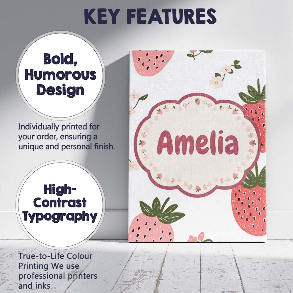 Personalised Name Cute Strawberry Blossom Custom Unique Gift Idea Elegant Feature Canvas Wall Art Print Decor Picture Ready to Hang
