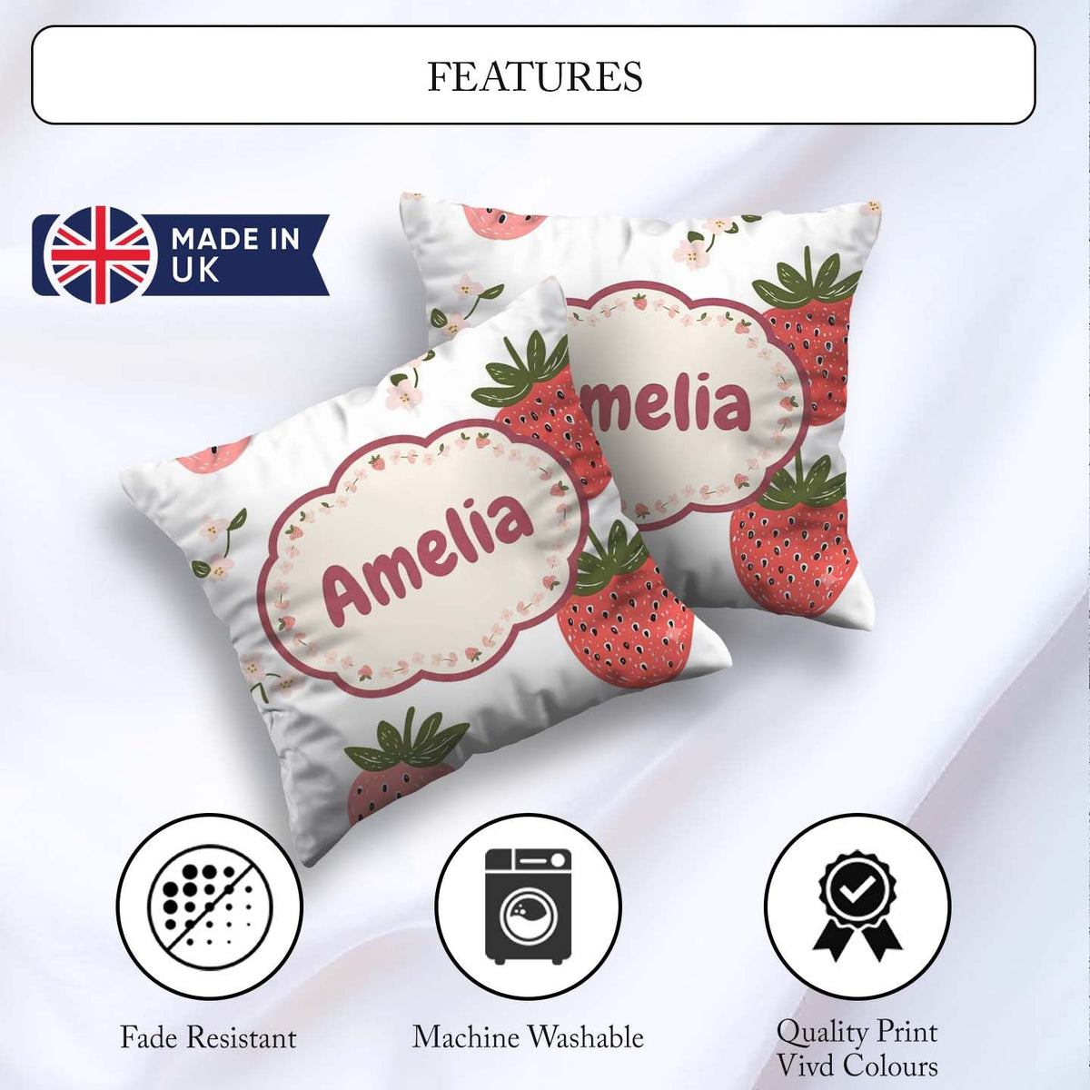 Custom Name Strawberry Blossom Soft Pastel Seamless Pattern Name Square Filled Cushion Throw Pillow Sofa Bed Home Decor Zip Washable UK Made