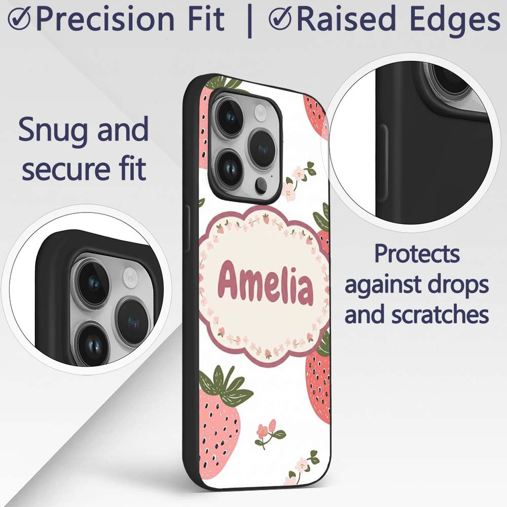Cute Strawberry Blossom Soft Pastel Seamless Custom Name Protective Phone Case Mobile Cover Durable Everyday Smartphone Shock Resistant