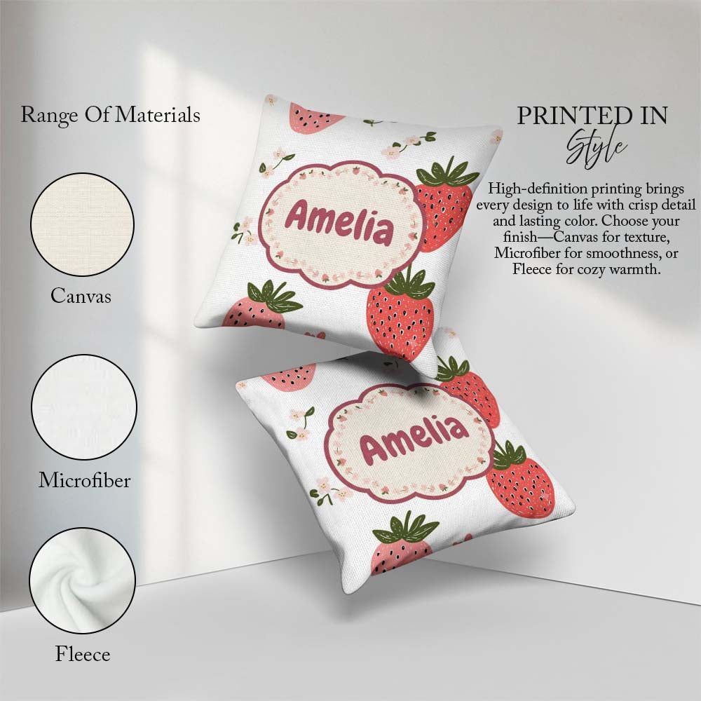 Custom Name Strawberry Blossom Soft Pastel Seamless Pattern Name Square Filled Cushion Throw Pillow Sofa Bed Home Decor Zip Washable UK Made