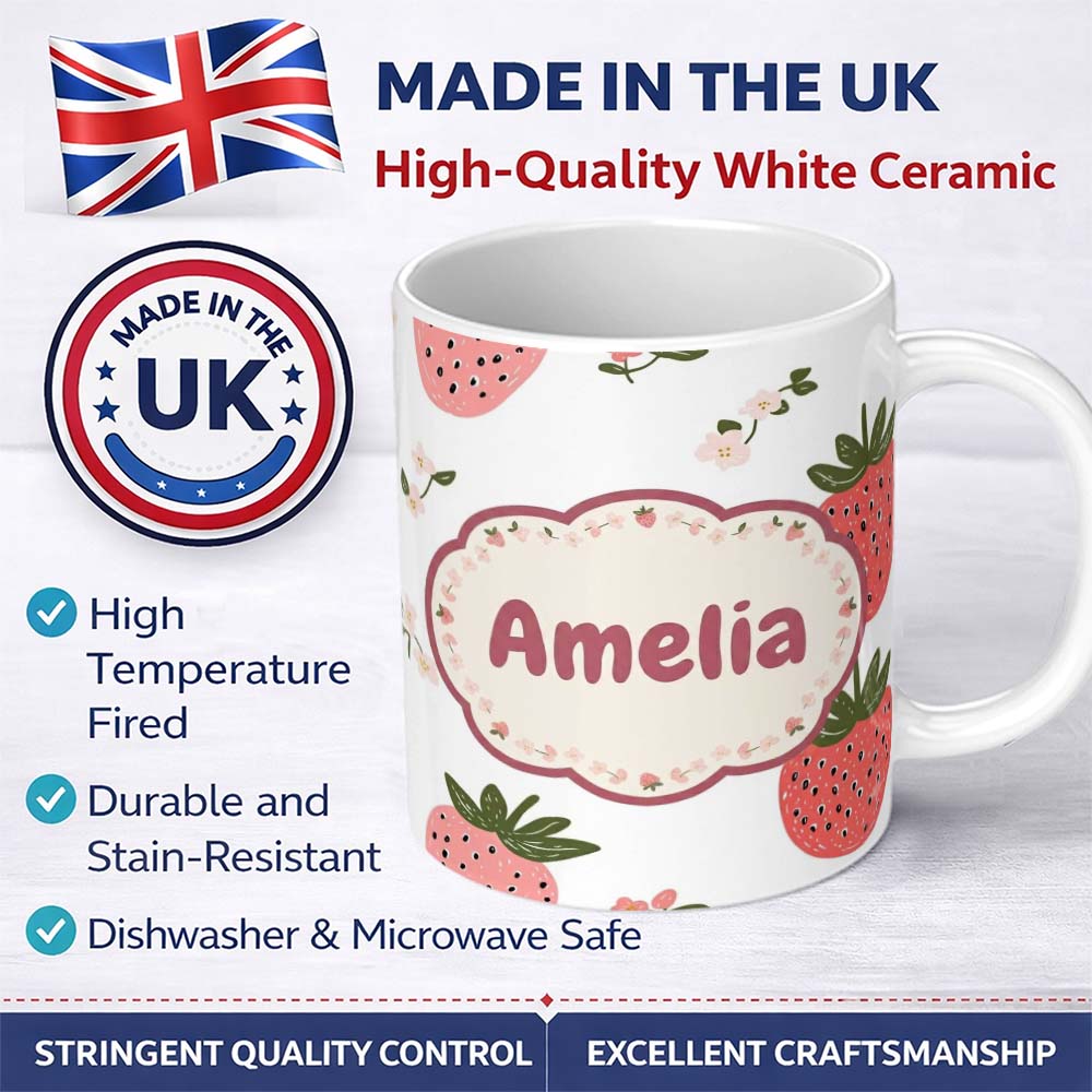 Personalized Custom Name Cute Strawberry Blossom Soft Pastel Seamless Pattern Name Unique 11oz Ceramic Coffee Tea Mug White Large Handle