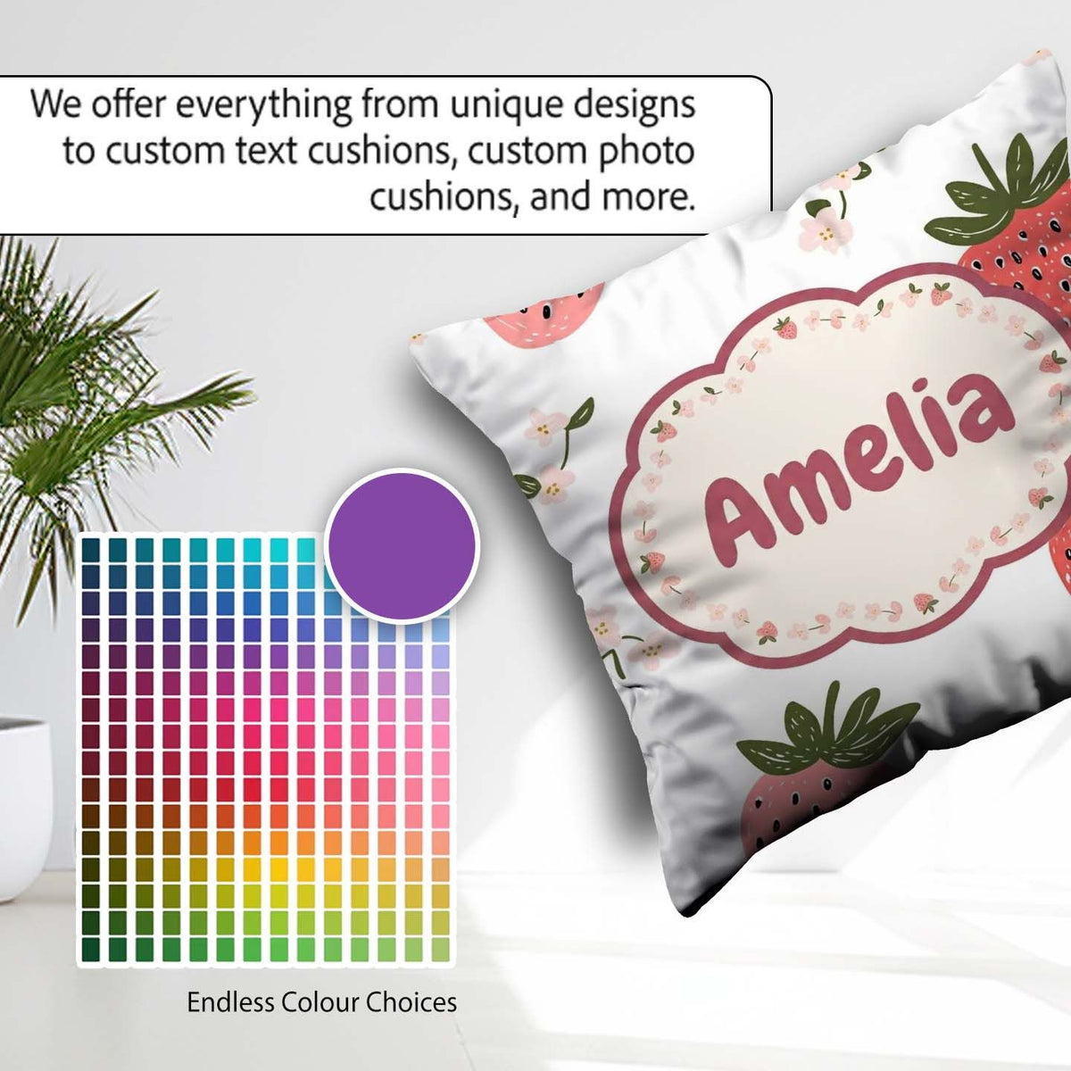 Custom Name Strawberry Blossom Soft Pastel Seamless Pattern Name Square Filled Cushion Throw Pillow Sofa Bed Home Decor Zip Washable UK Made
