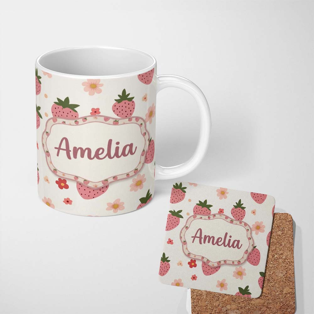 Personalized Custom Name Cute Strawberry Daisy Floral Soft Seamless Pattern Custom Name 11oz Ceramic Coffee Tea Mug White Large Handle