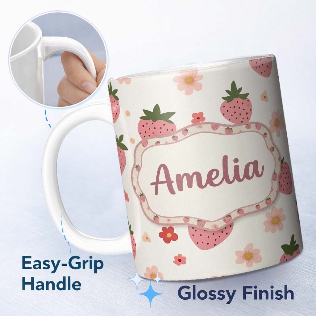 Personalized Custom Name Cute Strawberry Daisy Floral Soft Seamless Pattern Custom Name 11oz Ceramic Coffee Tea Mug White Large Handle