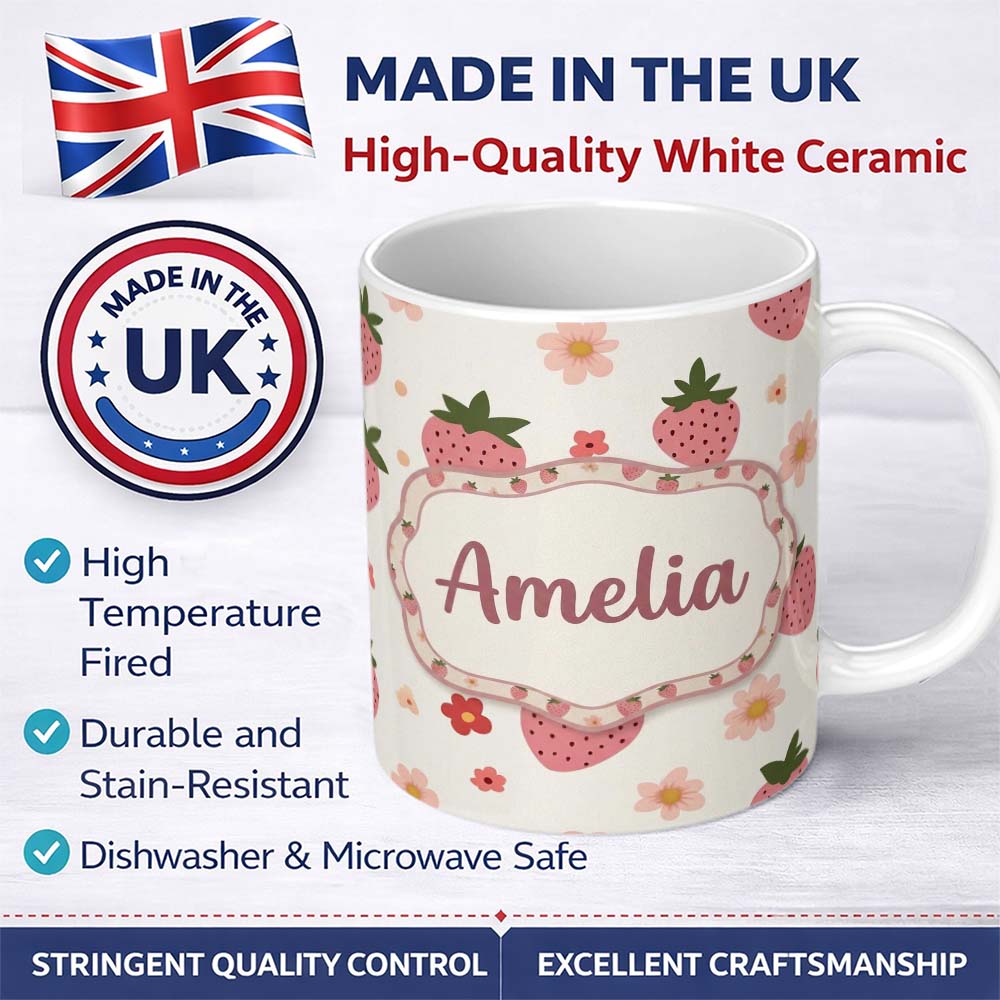 Personalized Custom Name Cute Strawberry Daisy Floral Soft Seamless Pattern Custom Name 11oz Ceramic Coffee Tea Mug White Large Handle
