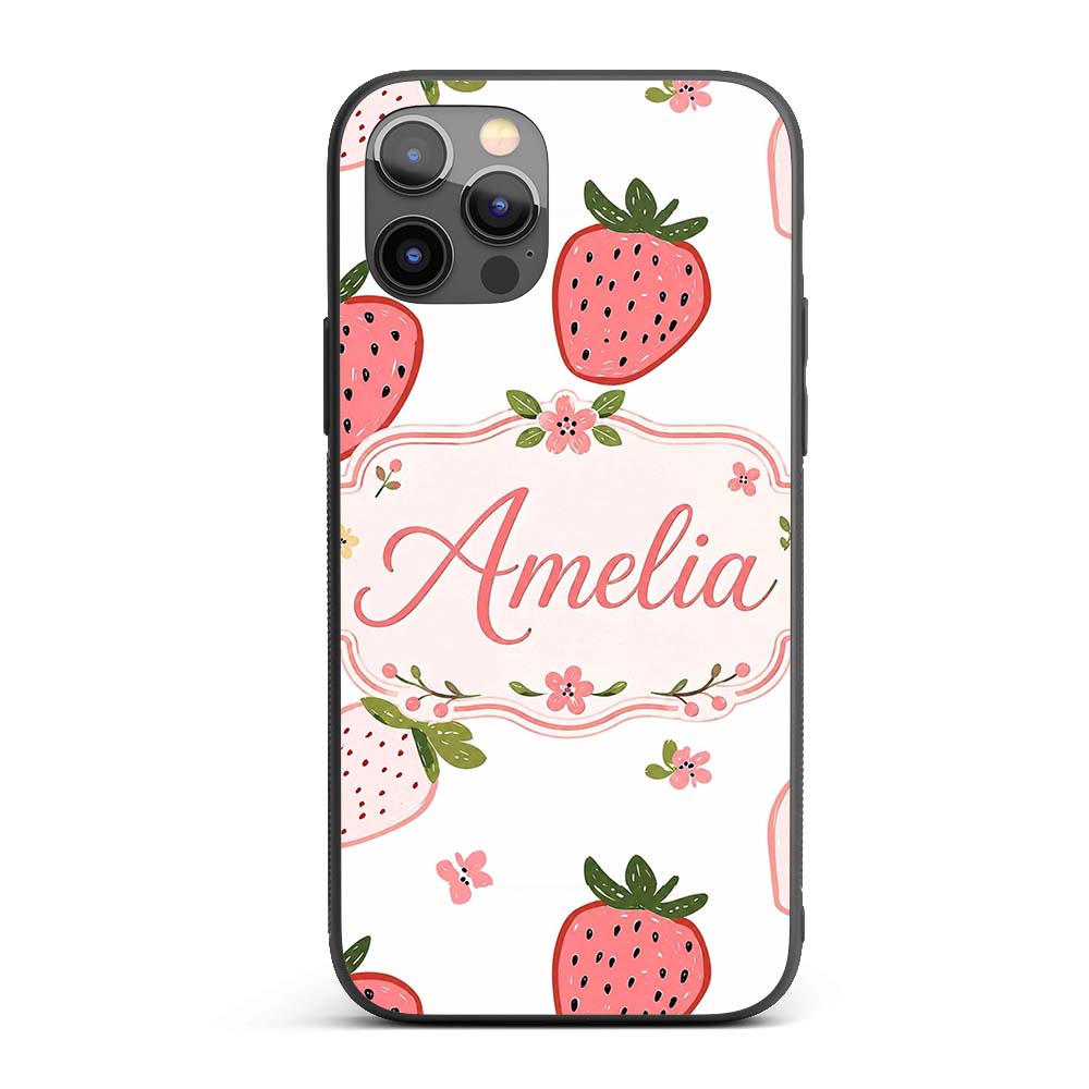 Cute Strawberry Minimal Floral Soft Seamless Custom Name Protective Phone Case Mobile Cover Durable Everyday Smartphone Shock Resistant