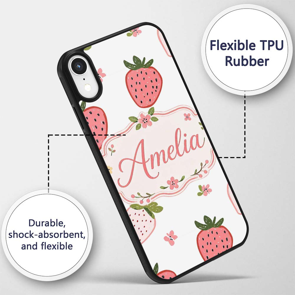 Cute Strawberry Minimal Floral Soft Seamless Custom Name Protective Phone Case Mobile Cover Durable Everyday Smartphone Shock Resistant