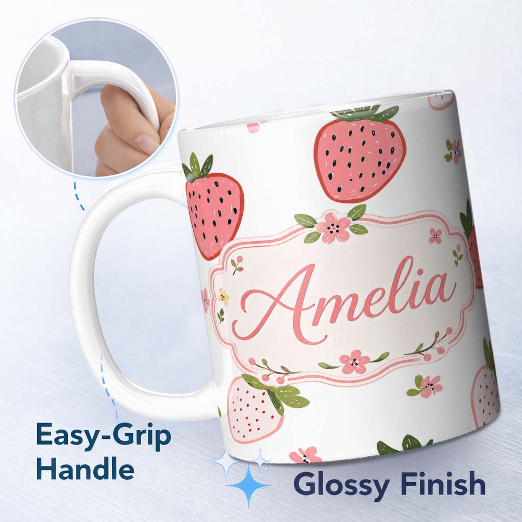 Personalized Custom Name Cute Strawberry Minimal Floral Soft Seamless Pattern Name Unique 11oz Ceramic Coffee Tea Mug White Large Handle