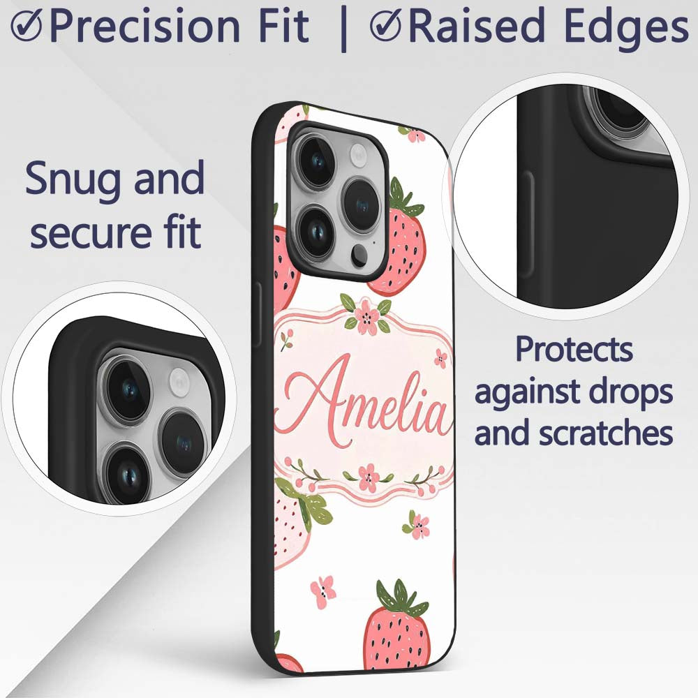 Cute Strawberry Minimal Floral Soft Seamless Custom Name Protective Phone Case Mobile Cover Durable Everyday Smartphone Shock Resistant