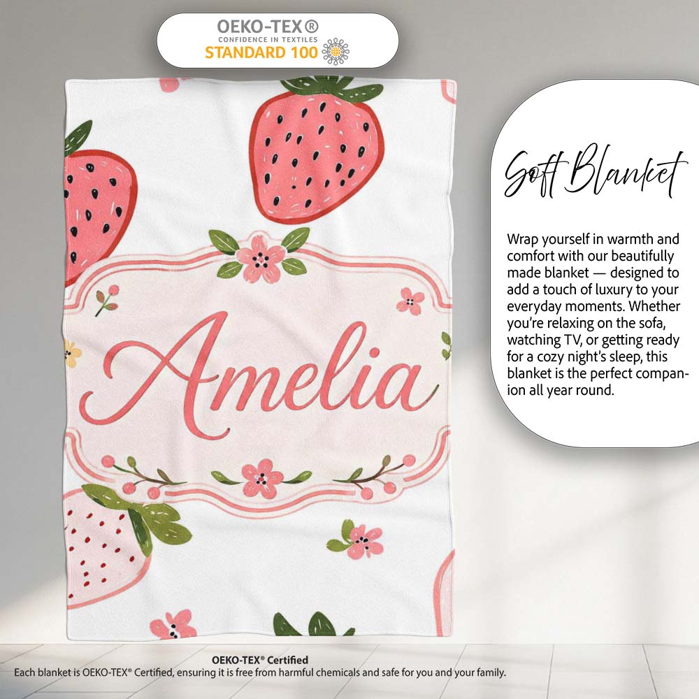 Cute Strawberry Minimal Floral Soft Seamless Pattern Name Unique Personalised Custom Name Super Soft Fleece Blanket Bed Sofa Throw