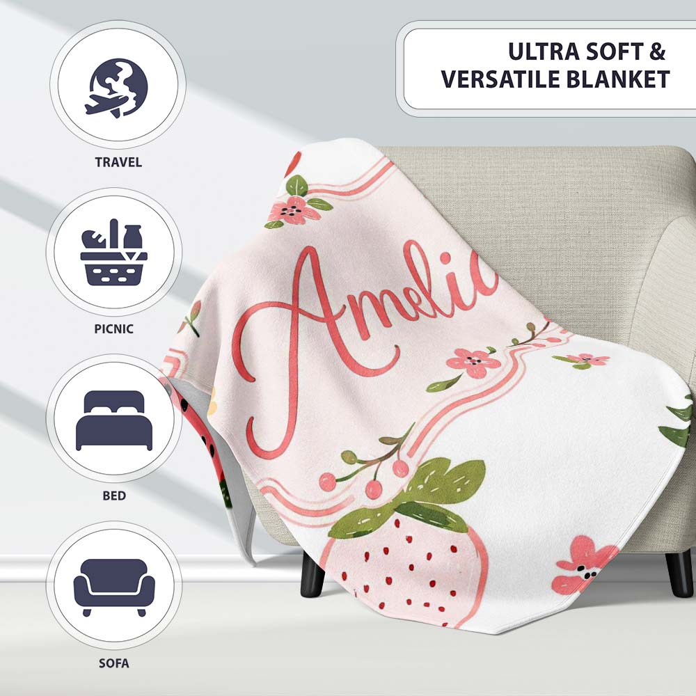 Cute Strawberry Minimal Floral Soft Seamless Pattern Name Unique Personalised Custom Name Super Soft Fleece Blanket Bed Sofa Throw