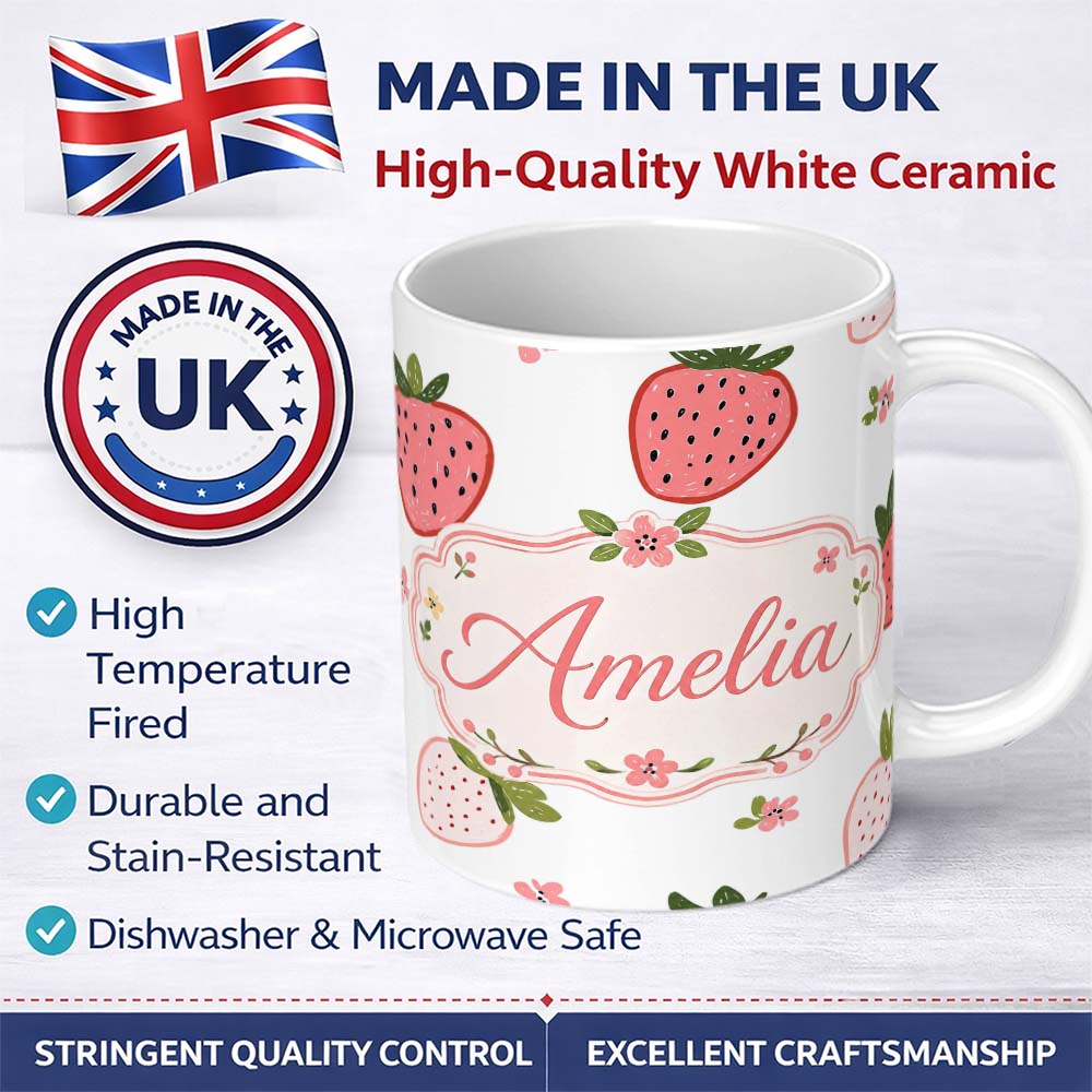 Personalized Custom Name Cute Strawberry Minimal Floral Soft Seamless Pattern Name Unique 11oz Ceramic Coffee Tea Mug White Large Handle
