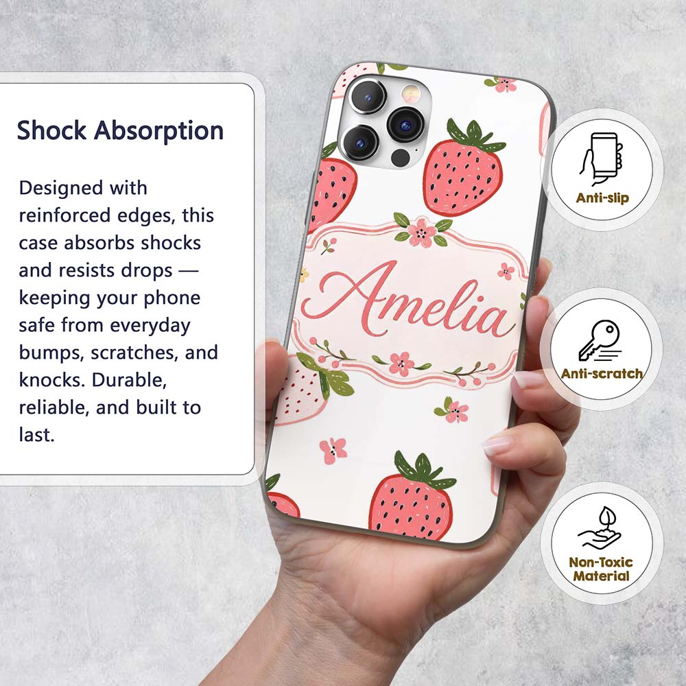Cute Strawberry Minimal Floral Soft Seamless Custom Name Protective Phone Case Mobile Cover Durable Everyday Smartphone Shock Resistant