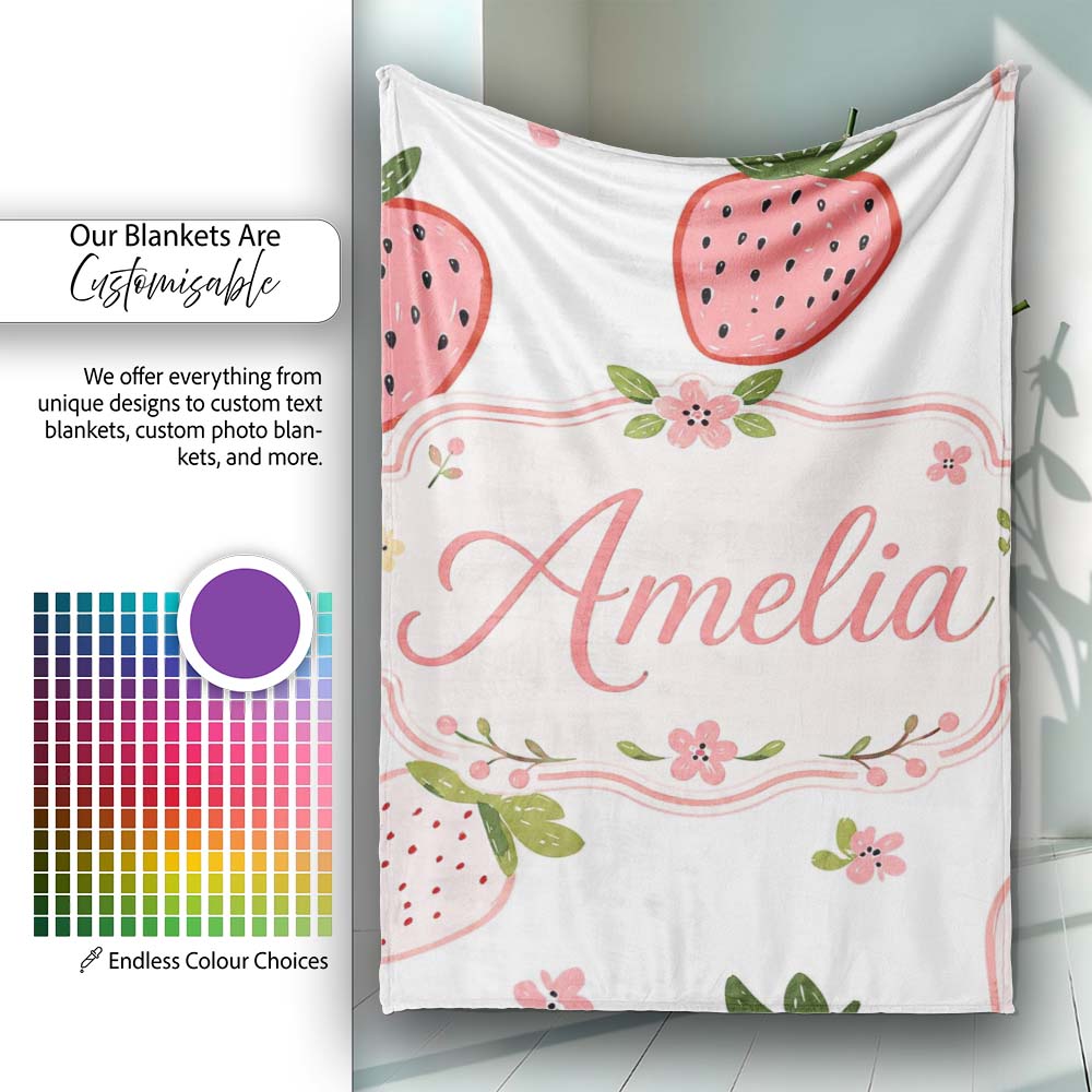 Cute Strawberry Minimal Floral Soft Seamless Pattern Name Unique Personalised Custom Name Super Soft Fleece Blanket Bed Sofa Throw